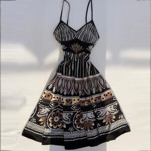 Magic Black & Gold Tribal Print Embroidered Midi Dress Size Large